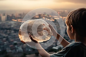 Water scarcity concept - a little boy holding a water blob, looking at a drought deserted city. Generative AI