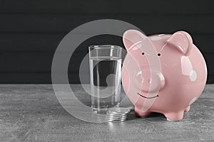 Water scarcity concept. Piggy bank, coins and glass of drink on grey table, space for text