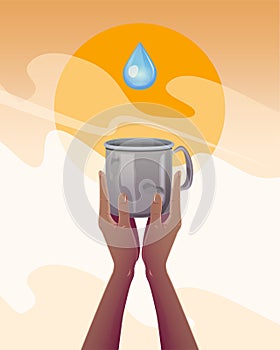 Water scarcity. hands with an empty mug, thirsty for water in a drought. Global ecology concept vector illustration