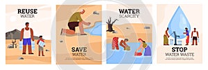 Water scarcity and water deficiency problem banners, flat vector illustration.