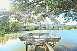 Water seat peaceful overlooking the river mountains and sunshine