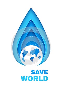 Water shortage concept banner. Color water drop in paper cut style with silhouette of earth planet. Vector