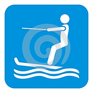 Water skier, white silhouette on blue background, vector icon