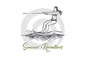 Water skiing, sea, summer, water, activity concept. Hand drawn isolated vector.