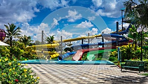 Water slides in tropical aqua park