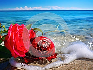 Water snail shell and red hibiscus flower