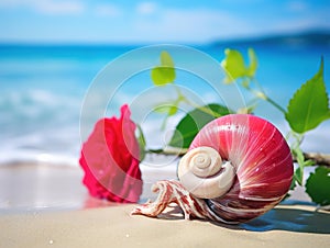 Water snail shell and red hibiscus flower