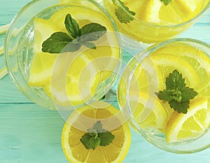 Water soda lemon citrus detox refreshment , liquid homemade health mint summer on a blue wooden background