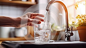 Water Source in the Kitchen: Glass Cup Filled from Tap with Clean Water - Generative AI