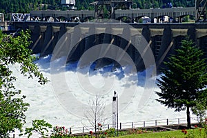 Water spills through the turbines of the  Bonneville Dam