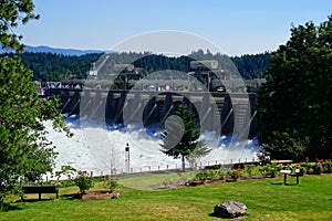 Water spills through the turbines of the Bonneville Dam