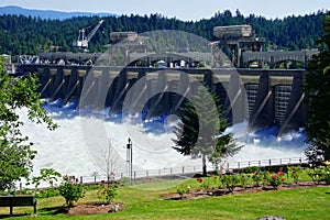 Water spills through the turbines of the Bonneville Dam