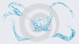 Water splash. 3d white wave, isolated blue drops on surface, realistic transparent swirl sides. Falling aqua in motion