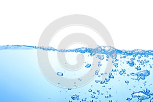 water splash with air bubbles. Fresh and clean surface aqua flowing in wave and clean water on white background isolated. close-up