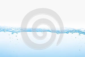 Water splash. Aqua flowing in waves and creating bubbles. Drops on the water surface feel fresh and clean. isolated on white backg