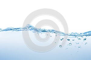 Water splash. Aqua flowing in waves and creating bubbles. Drops on the water surface feel fresh and clean. isolated on white backg