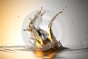 Water splash with beautiful drops flying away. Liquid motion background. Generated AI.