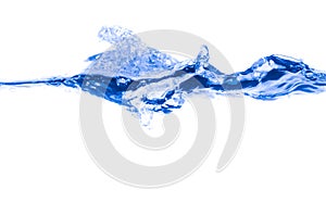 Water splash blue show the motion with bubbles on white background