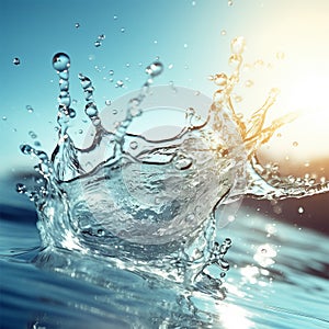 Water splash with blue sky and sun light, water drops generated by AI