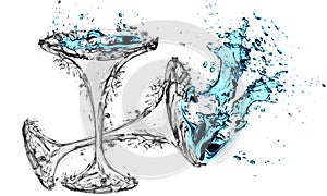 Water splash or bubbles with Martini Summer Party glass. water textured background. Isolated on white background.