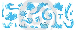 Water splash. Cartoon blue water drops, puddle, spray and waves. Nature object spatters, sputter, splashdown. Clean aqua photo
