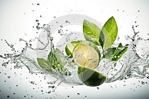 Water splash on color background with lime slices, mint leaves, and ice cubes as a concept for summertime. AI generated