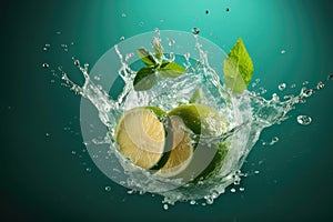 Water splash on color background with lime slices, mint leaves, and ice cubes as a concept for summertime. AI generated