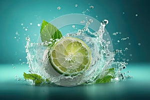 Water splash on color background with lime slices, mint leaves, and ice cubes as a concept for summertime. AI generated