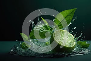 Water splash on color background with lime slices, mint leaves, and ice cubes as a concept for summertime. AI generated