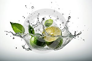 Water splash on color background with lime slices, mint leaves, and ice cubes as a concept for summertime. AI generated