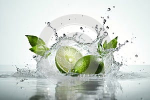 Water splash on color background with lime slices, mint leaves, and ice cubes as a concept for summertime. AI generated