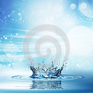 Water splash in dark blue color with a drop of water flying from above