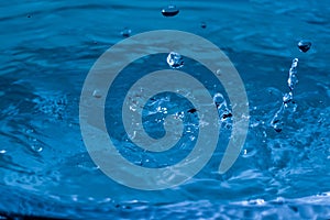 Water splash in dark blue color with a drop of water flying from