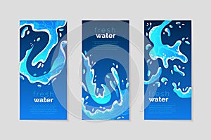Water splash drop. Blue mineral flow. Abstract pure drink ad. Cartoon fluid wave. Aqua spray effect. UI swirl sea