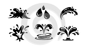Water splash droplets and fountain design elements in black vector icons collection for creative projects