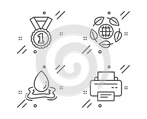 Water splash, Eco organic and Best rank icons set. Printer sign. Aqua drop, Bio ingredients, Success medal. Vector