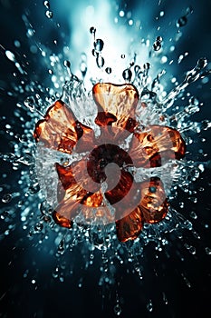 Water Splash Flower with Fiery Petals on Black Background. AI generation