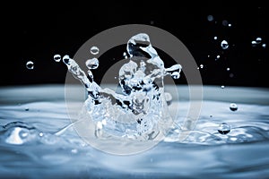 Water splash forming human form or shape and other drops with black background.
