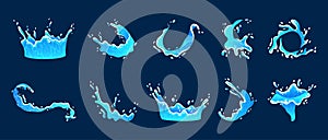 Water splash. Game effect. Cartoon waves or drops. Magic UI. Circle ocean swirls. VFX spray icon. Liquid motion. Sea