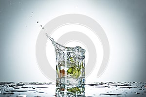 Water splash in glass of gray color