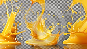 Water splash isolated on transparent background. Modern realistic set of falling and flowing beers, oranges, lemons