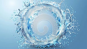 Water splash, liquid aqua frame of round shape, dynamic motion elements with spray droplets, isolated border on