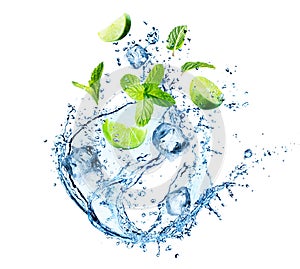 Water Splash With Mint Leaves, Slices Of Lime and Ice Cubes