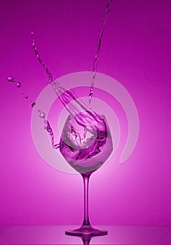 Water splash in out of glass. Water splashing out of a tall wine glass. Pink gradient background.
