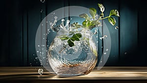 Water splash in a pot with a plant. AI generated