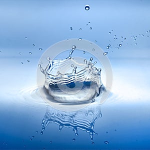 water splash with reflection and drops on a blue background