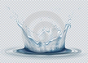 Water splash on transparent background. Water drops and wave in light blue colors. Realistic transparent splash vector