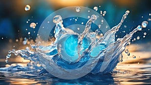 water splash in water A water splash, representing the sound and the vibration of water. The splash is blue and bright,