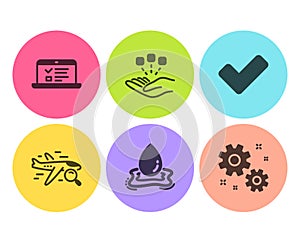 Water splash, Web lectures and Search flight icons set. Tick, Consolidation and Work signs. Vector