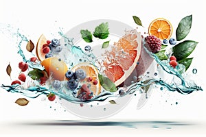 Water splash on white background with different fruits slices, mint leaves, and ice cubes. Generative AI